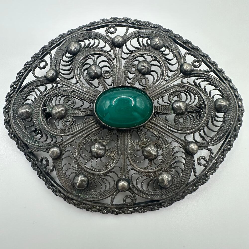 Antique Victorian solid 800 silver filigree green faux chrysoprase glass brooch